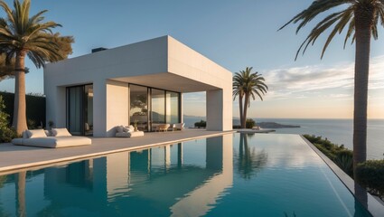 Fototapeta premium Elegant pool area of a modern luxury villa exterior on the french riviera surrounded by beautiful landscaping and inviting sun loungers under a bright sunny sky