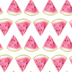 Watercolor illustration set, watermelon, leaves, seamless pattern. Hand drawn watermelon pieces and slices, wooden skewer for design, postcards, menu.