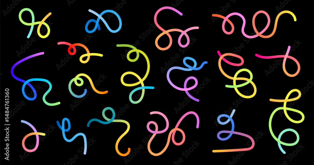 Wall mural liquid gradient lines collection. wavy dynamic swirl vector elements set isolated on black backgroun