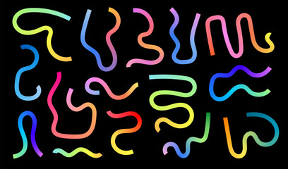 Liquid gradient lines collection. Wavy fluid vector shapes set isolated on black background