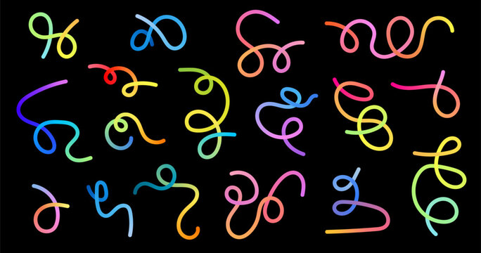 Liquid gradient lines collection. Wavy dynamic swirl vector elements set isolated on black background