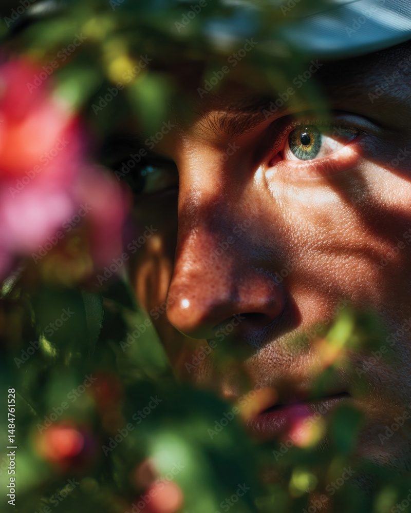 Poster intense gaze of a man peeking through rose bush, representing mystery and introspection for mental h