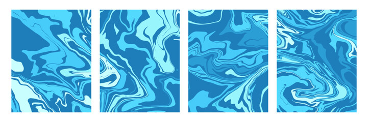Abstract blue marble texture cover set. Liquid wavy lines poster collection.