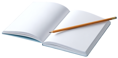 Open notebook with pencil on transparent background for notes or mockups