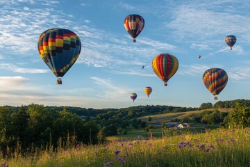 Naklejka premium Hot air balloons of various colors float gracefully in a sunny summer sky, creating a stunning visual above a lush green meadow filled with flowers and rolling hills