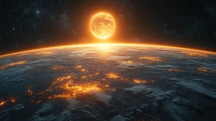 Celestial bodies align in a rare astronomical event, casting an unusual glow upon the darkened surface of the Earth