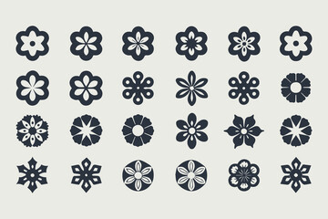 Symmetrical floral abstract icons set, minimalist flower designs with varied petal shapes and radial symmetry, perfect for logos vector illustration.