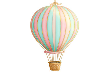 Pastel striped hot air balloon with basket detailed on transparent background
