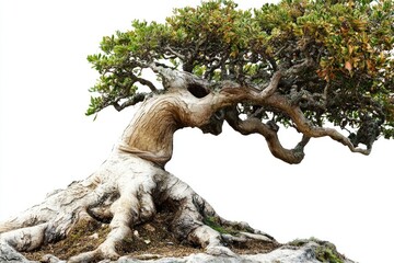 Ancient bonsai tree, weathered and contorted.  Roots spread wide on a rocky base. Lush green foliage