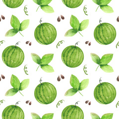 Watercolor illustration set, watermelon, leaves, seamless pattern. Hand drawn watermelon pieces and slices, wooden skewer for design, postcards, menu.