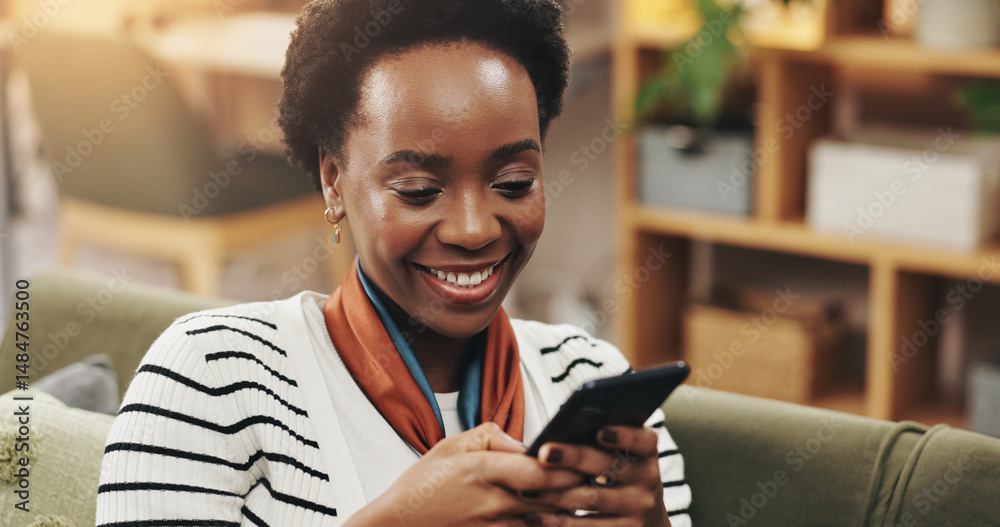 Poster black woman, smile or typing with phone on sofa for streaming subscription, social media scroll and 