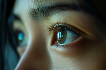 A macro shot of a human eye with visible eyelashes and reflections showing in the pupil area