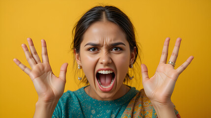 Angry indian woman shouting, rising hands in indignant expression. Asking reason of failure, showing disbelief by troubles. Arabian young girl isolated on yellow studio background. Place text in copy