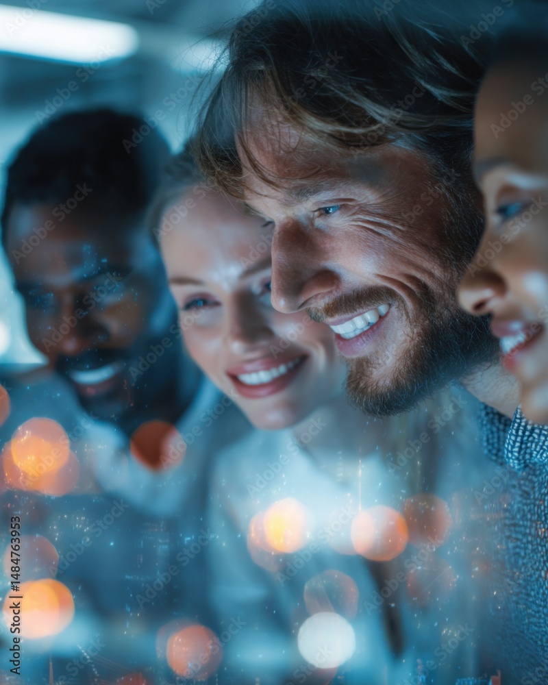 Poster diverse team smiling and collaborating in modern office at night, illustrating teamwork and innovati