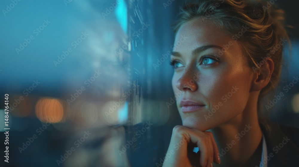 Aufkleber woman contemplating data on screen at night, reflecting on business intelligence and future strategy