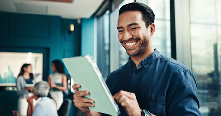 Happy, accountant or businessman on tablet in meeting for research, project or accounting proposal. Financial growth, finance analyst or news update for budget report, economy or review investment