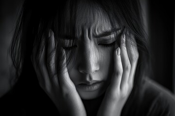 A monochrome close up of a woman with her hands on her face looking distressed or experiencing pain