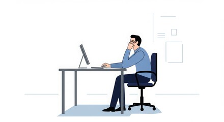 Young man working intently at desk with computer in modern office  