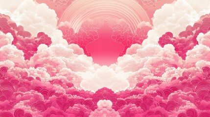 Pink clouds and a rainbow are arranged symmetrically in a soft gradient sky. Use it for dreamy backgrounds, feminine themes, or conceptual presentations.