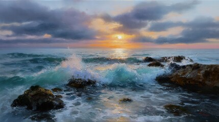 Obraz premium Vibrant impressionist oil painting captures the beauty of waves crashing against rocks at sunset