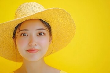 Portrait of a young woman wearing a yellow straw hat against a bright yellow solid color background