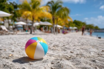 Obraz premium Colorful beach ball resting on soft sand at a Caribbean resort with lively vacationers enjoying the tropical atmosphere
