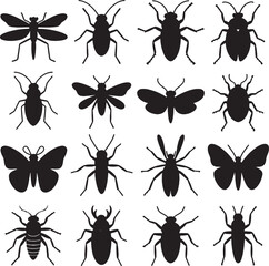 Insect silhouettes collection diverse bugs and butterflies isolated on white background