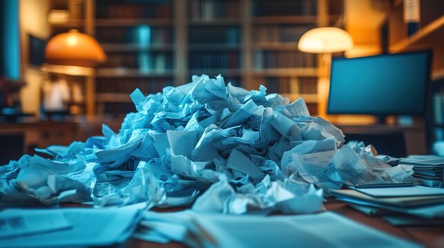 A pile of crumpled business plans scattered across a desk