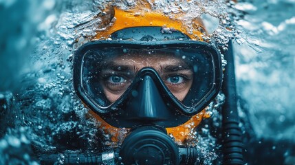 Close-up of diver wearing scuba mask emerging from water surface in ocean..