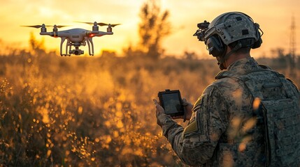 Soldier operating surveillance drone in camo field with yellow wildflowers.
