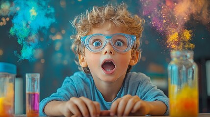 Excited child with curly hair surrounded by colorful lab glassware in classroom..