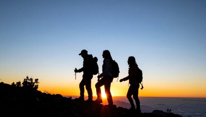 Adventure hiking at sunrise mountain trails outdoor activity scenic landscape group perspective nature exploration