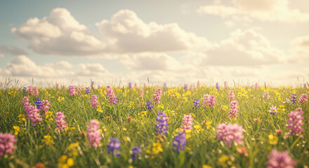 Fototapeta premium Meadow Blooms Vividly with Lupines and Buttercups under a Sunny Sky, Beautiful View