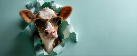 Charming cow with sunglasses peeks through a whimsical green hole in pastel paper wall against a soft background, full of cheerfulness