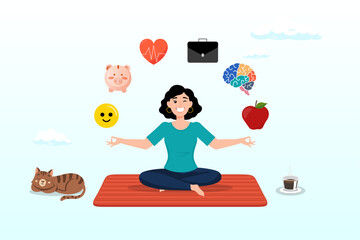 Calmness woman meditate health wellness elements, wellness, lifestyle wellbeing, relaxation to balance happiness, mindfulness mental health, vitality or zen-like health nutrition, meditation concept