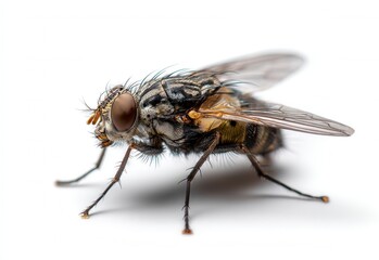 Obraz premium Close-up view of a house fly showcasing intricate details and features against a stark white background for artistic interpretation