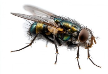 Fototapeta premium Close-up of a house fly revealing intricate details on a pure white background inviting creative exploration