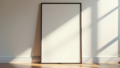 Tall Blank Off-White Canvas in Black Frame with Sunlight and Shadows in Minimalist Setting for Art Mockup or Display [with copy space]
