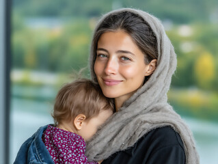 Obraz premium warm and affectionate photograph of a young woman wearing a light grey hijab breastfeeding her baby