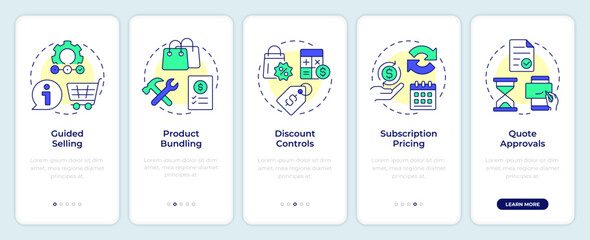 CPQ capabilities onboarding mobile app screen. Product management. Walkthrough 5 steps editable graphic instructions with linear concepts. UI, UX, GUI. Montserrat SemiBold, Regular fonts used