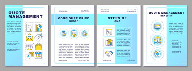 Fototapeta na wymiar Quote management brochure layout. Statistical metrics, documents organization. Leaflet advertising design with color line icons. Editable 4 pages. Arial-Black, Myriad Pro-Regular fonts used
