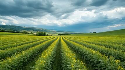 Wide Angle View of a Sunflower Field Under a Dramatic Sky with Rolling Clouds and Vibrant Colors