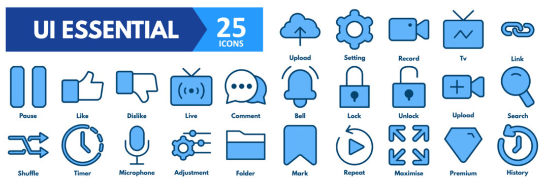 UI Essential icon set. with icons of mark, repeat, maximise, premium, history, upload, setting, record, tv, link, pause, like, dislike, live, comment, bell, lock, unlock, upload, search, shuffle, time