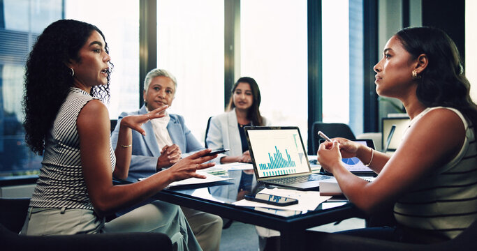 Meeting, team and data analysis with business people in office for consulting, growth performance and charts. Laptop, investor report and account update with employees in agency for budget review