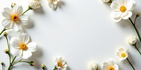 Obraz premium Blank white flower invitation cards on white table Elegant wedding stationery mockup , background, card
