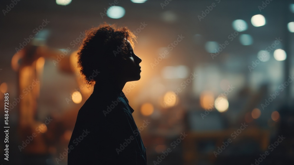 Poster silhouette profile of person with curly hair looking towards blurred industrial background with boke
