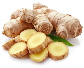 Fototapeta premium Ginger root and perfectly sliced ginger showcasing natural textures on a clean white background