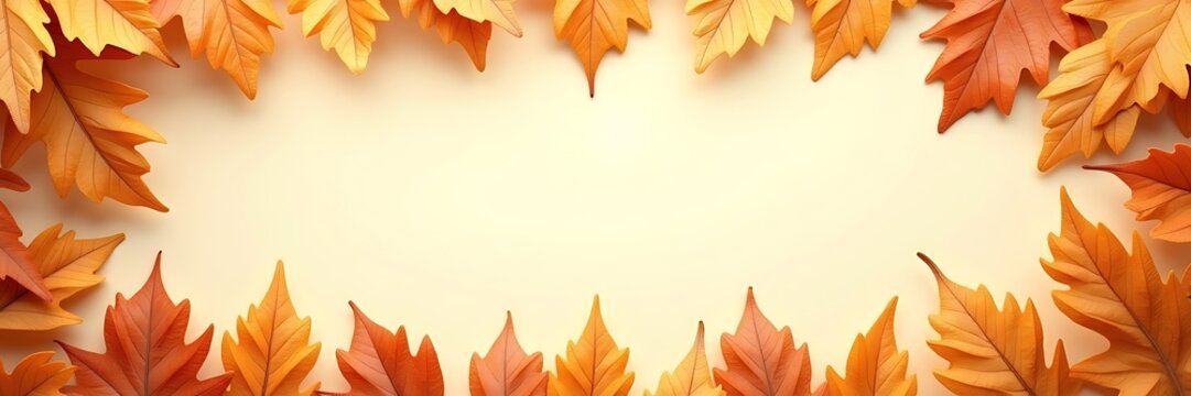 Dried autumn leaves arranged in a rectangle with an empty space in the middle for seasonal or promotional messages.

