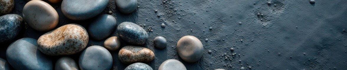 Smooth pebbles, driftwood on slate Widescreen, textured background , natural, seashore, background