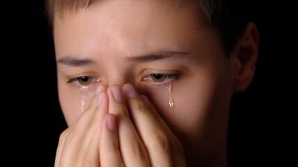 Close up of person crying with tears streaming down their face